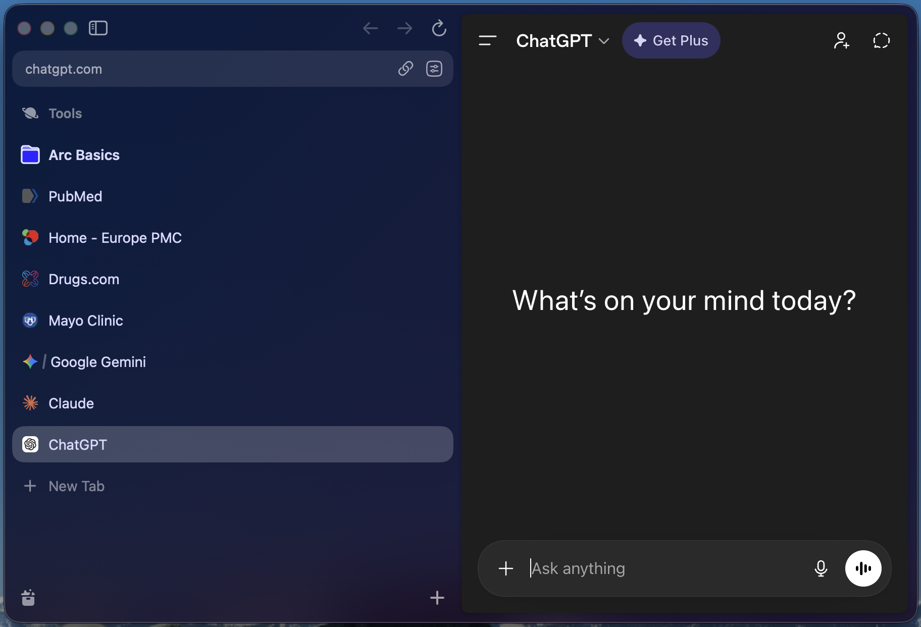 Arc browser with Claude, ChatGPT, Gemini, and medical research sites pinned in the sidebar — Gary's AI workspace setup